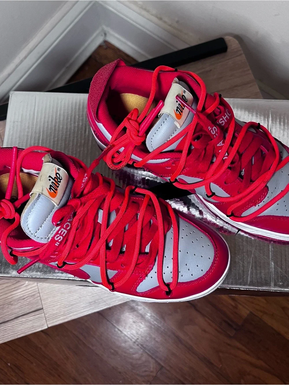 Nike Dunk Low x Off-White University Red 2019 with Double Laces